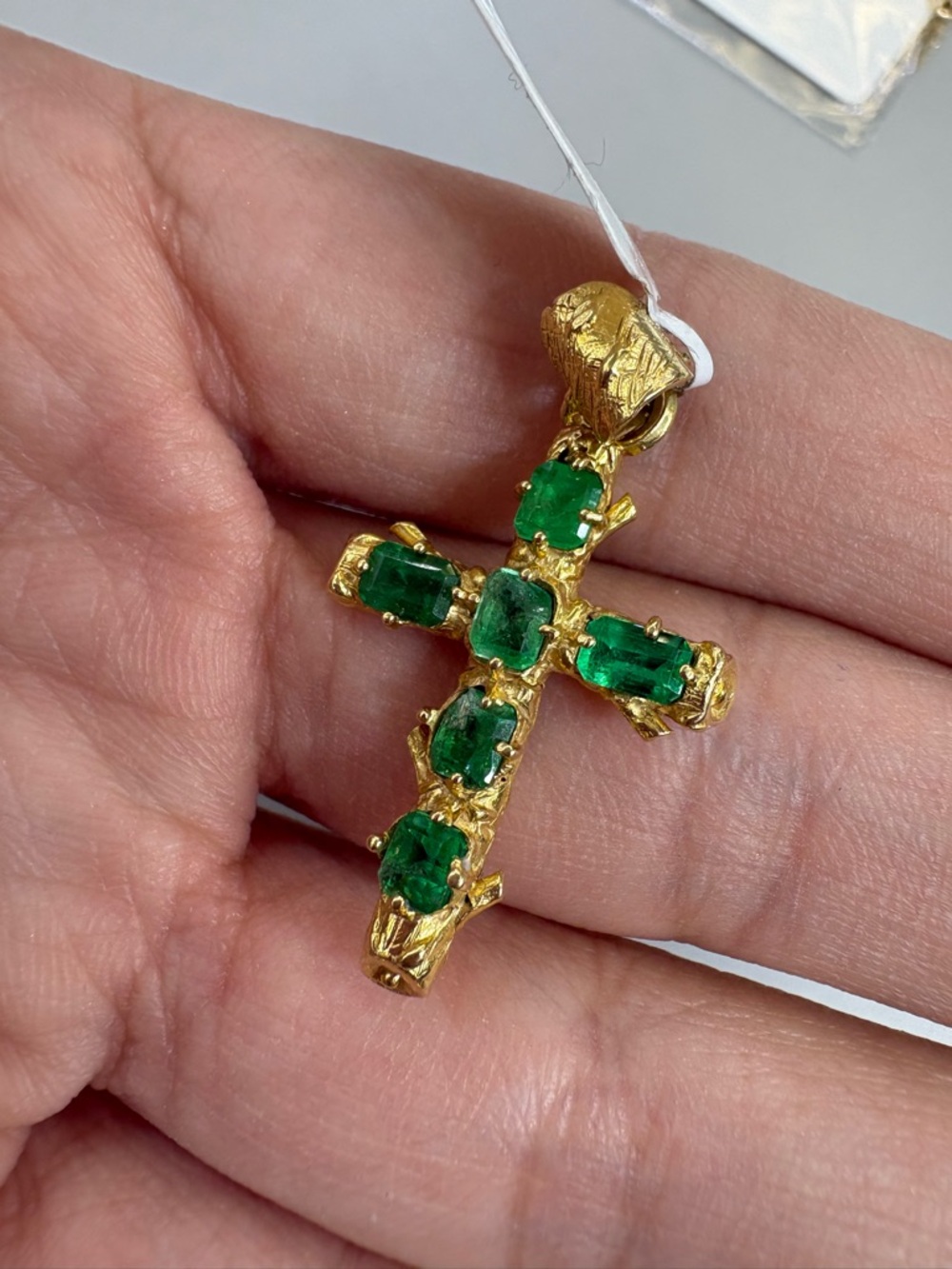 18KT Gold Cross Pendant with Emerald Green Stones